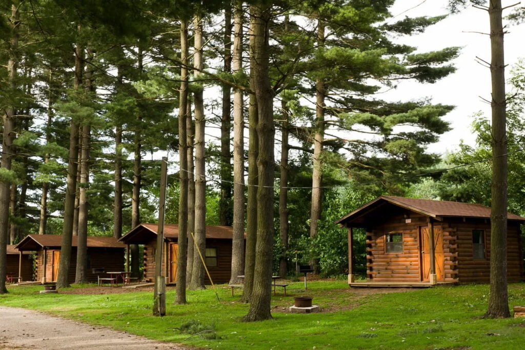 campground cabins among pine trees