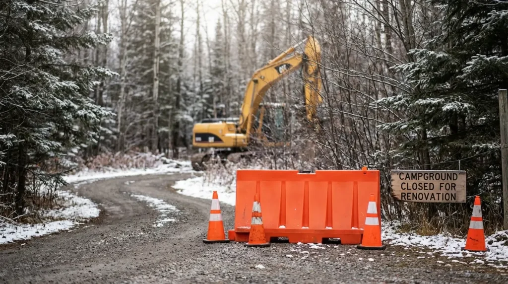 Campground closed for winter renovation with construction equipment on site