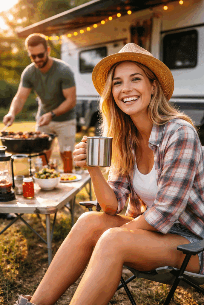Woman smiling outside camper.