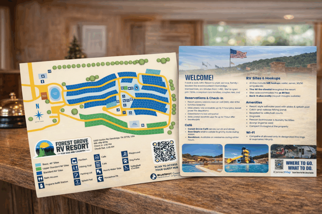 Printed campground map and welcome guide with QR code linking to a no-download guest app.
