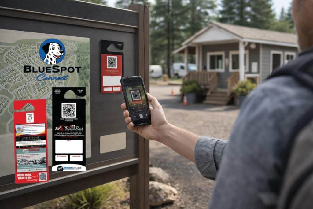 iConnectTags displayed on a campground information board while a guest scans the tag with a smartphone.