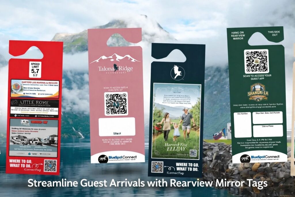 Custom BlueSpot Connect rearview mirror tags with QR codes for no-download guest access at campgrounds.