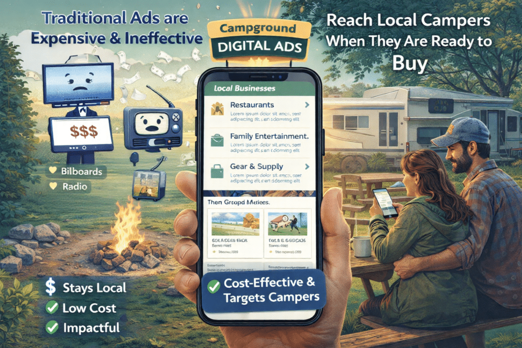 Smartphone displaying campground digital ads with sponsored local listings targeting campers at a campground.