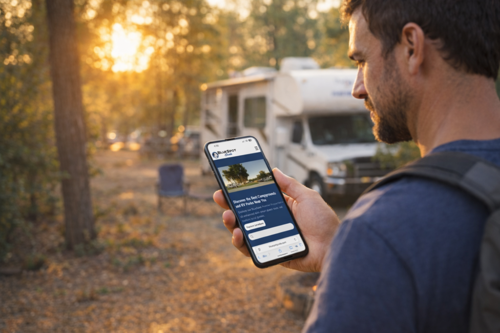 Campground guests using a digital area guide on a smartphone to discover nearby restaurants, shops, and local attractions during their stay
