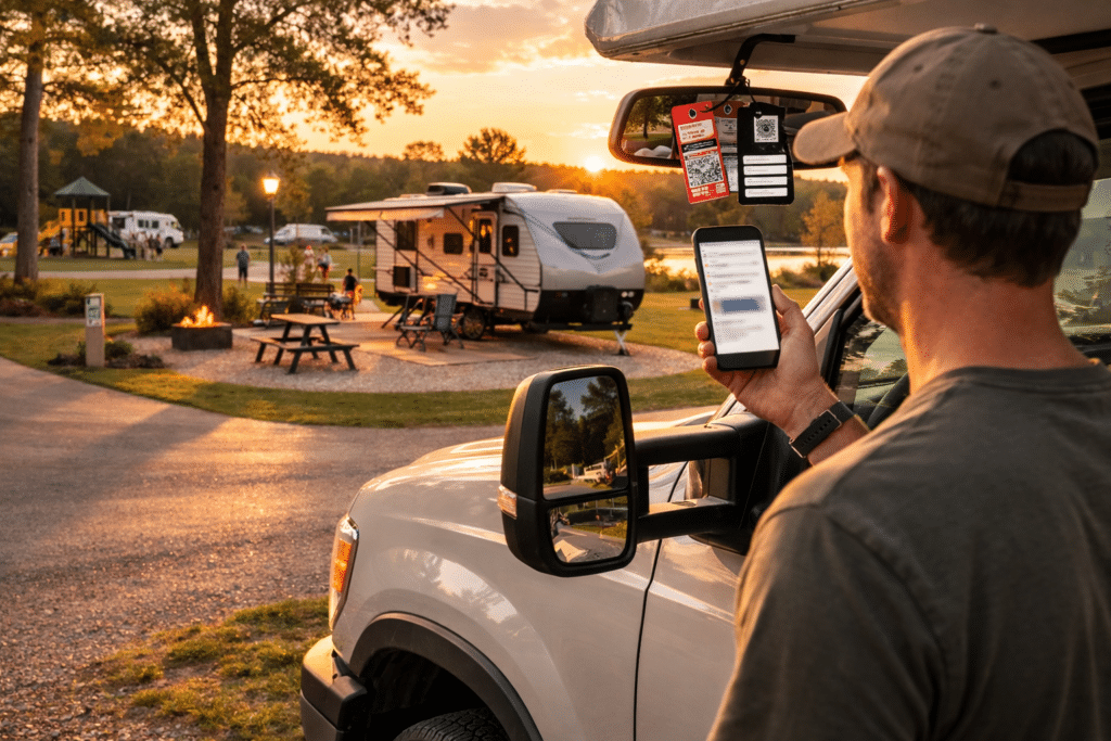 Guest scanning an iConnectTag on an RV rearview mirror at a campground during golden hour, accessing a digital area guide on a smartphone to enhance their guest experience.