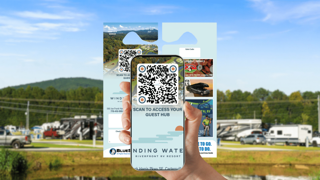 Guest scanning a campground QR code card to access maps, local guides, and campground information.