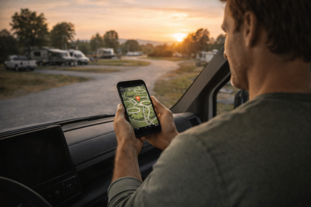 Camper using a smartphone digital map to navigate an RV campground at sunset.