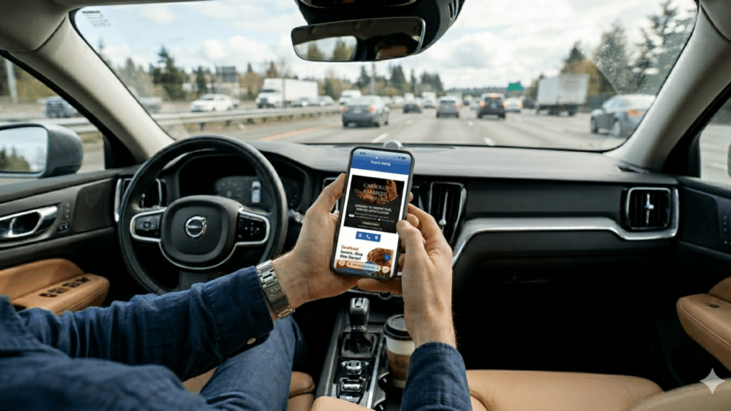 Person using a smartphone in a vehicle to browse a mobile-friendly campground website while traveling.