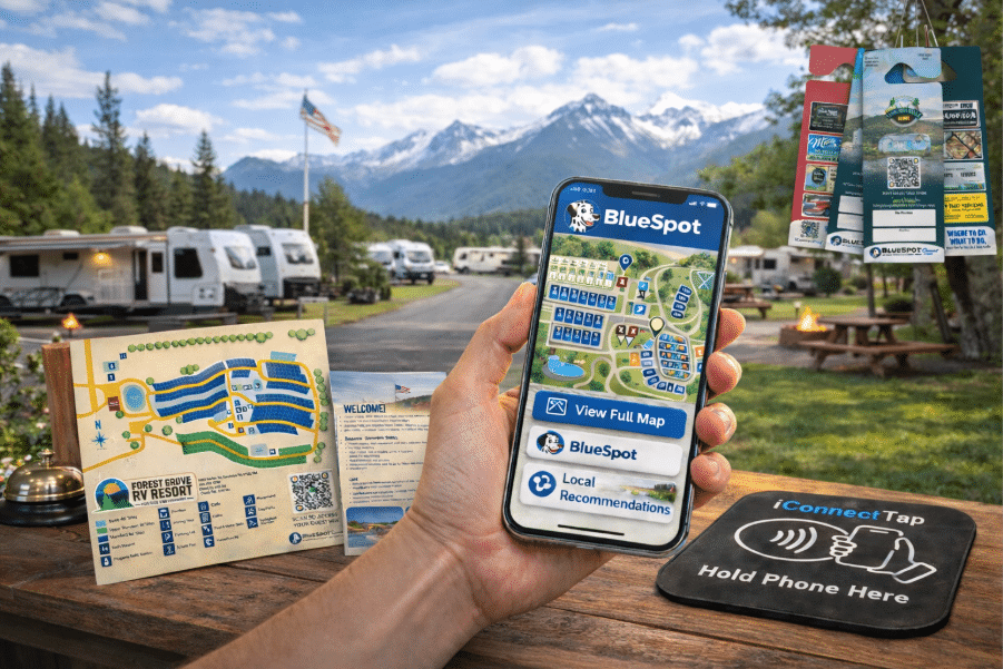 Guest using BlueSpot campground maps on a smartphone alongside printed guides and iConnectTaps technology.