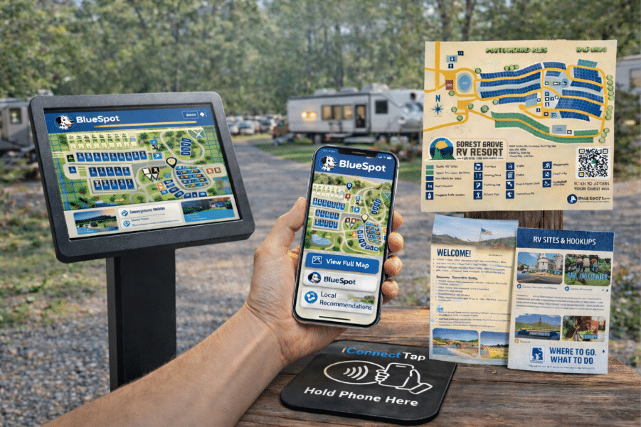 BlueSpot interactive campground maps shown on a smartphone, digital kiosk, and printed campground guide.