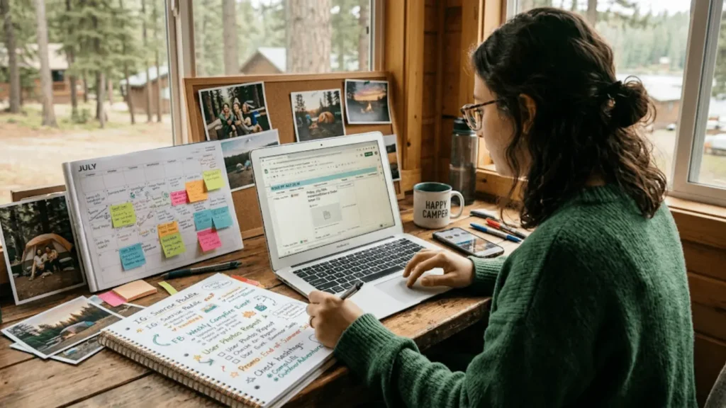 Person creating a seasonal social media planning strategy for campgrounds at a desk with a laptop and calendar.