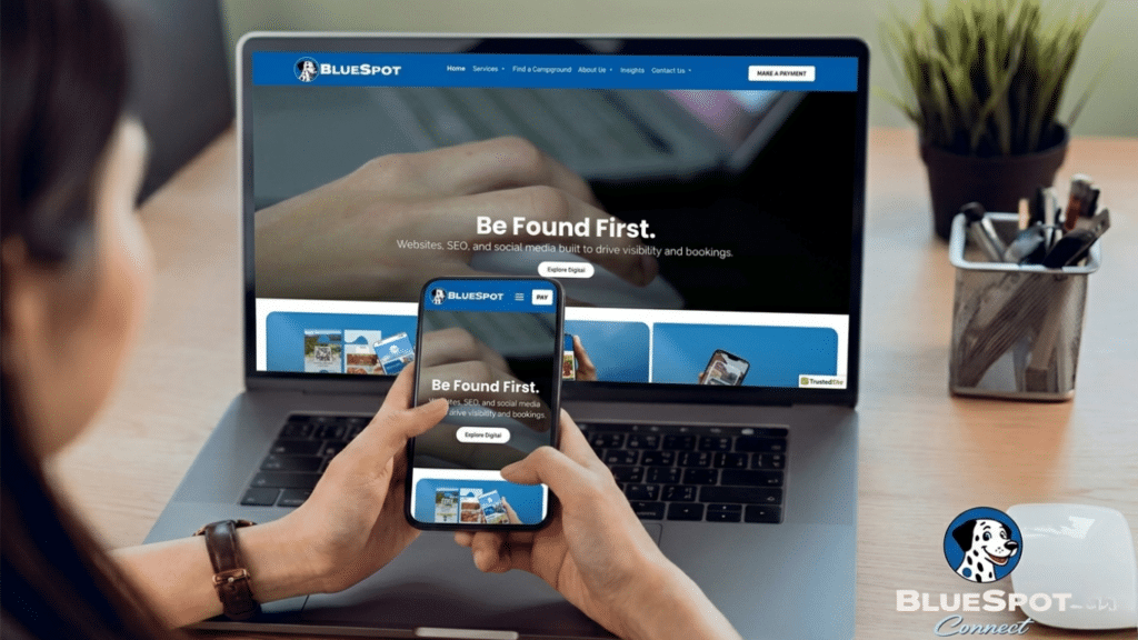 Person viewing a responsive campground website on a laptop and smartphone, showing what guests expect to see.
