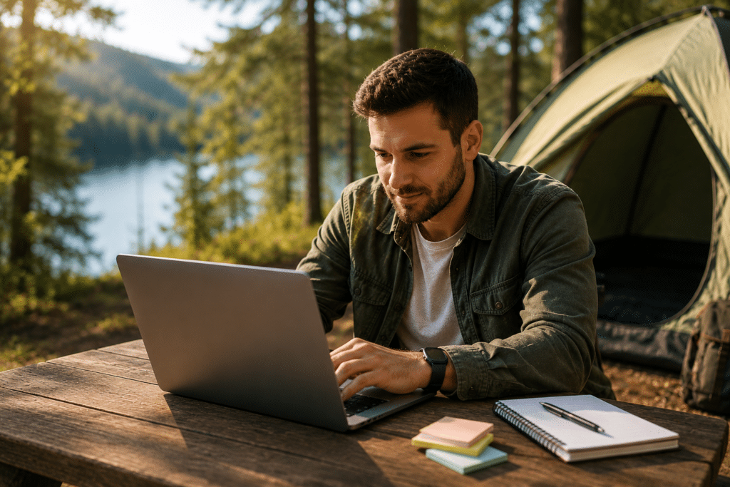 Man working on a laptop at a lakeside campground campsite.
