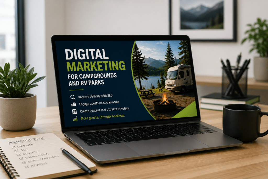 Laptop showing digital marketing for campgrounds and RV parks in a minimalist office setting