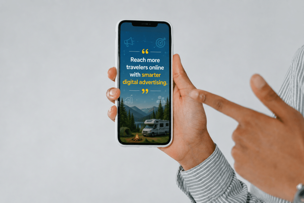 Smartphone showing a digital advertising quote for campgrounds