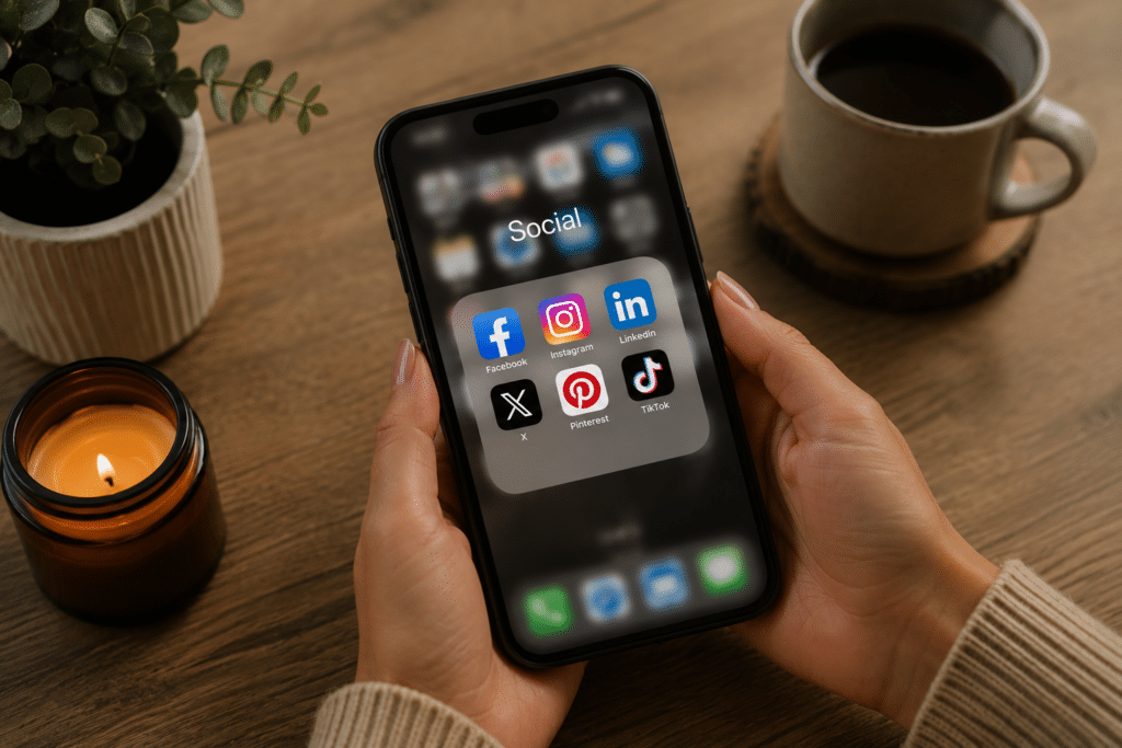 Hands holding a smartphone with social media apps on a cozy wooden desk.