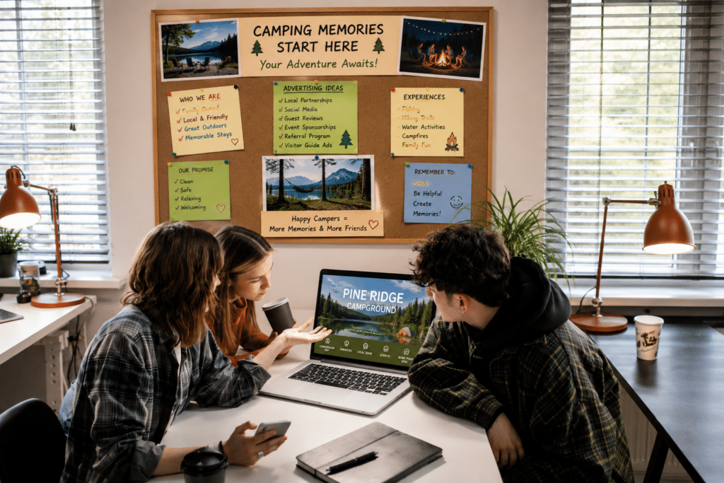 Advertising ideas for independent campgrounds being planned by a marketing team reviewing campground branding, guest engagement, and promotional strategies.