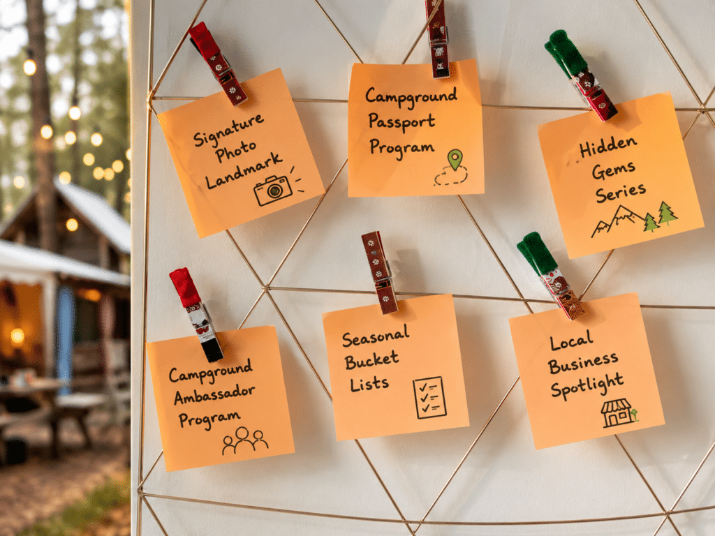 Creative campground marketing ideas displayed on sticky notes featuring guest engagement strategies, local partnerships, and unique promotional concepts.