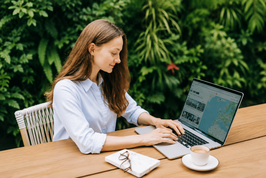Person using campground website navigation on laptop outdoors