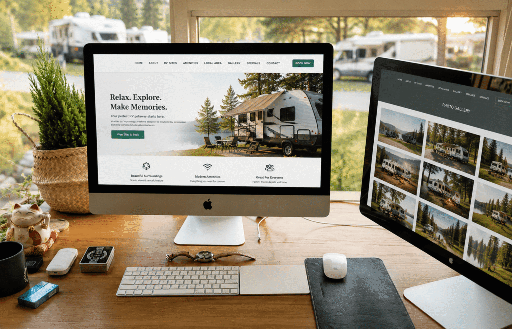 Desktop computer displaying a modern RV campground website with campsite photos and booking information in a bright home office.