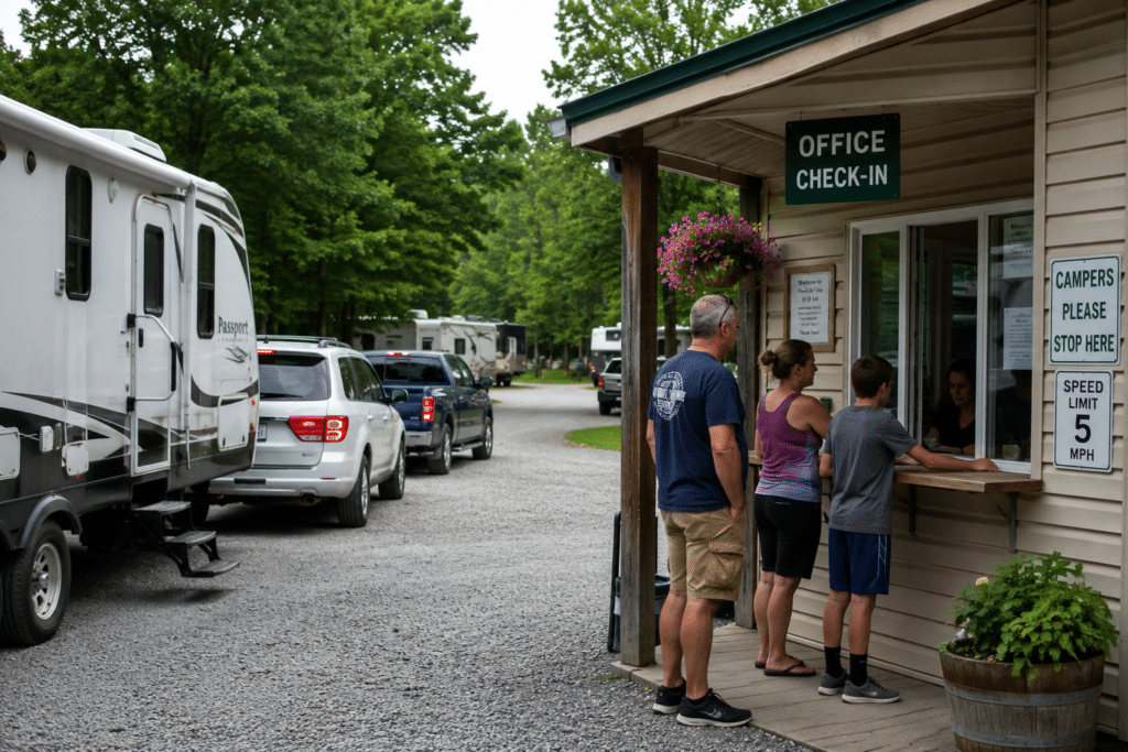 Campground guests checking in at the office while RVs wait, showing how to avoid long lines at campground check-in.