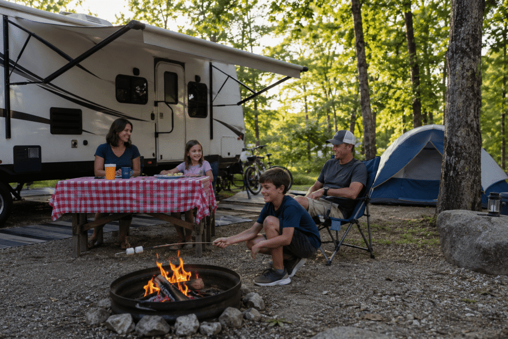 Family camping trip with parents and children enjoying a campfire beside an RV at a wooded campground.