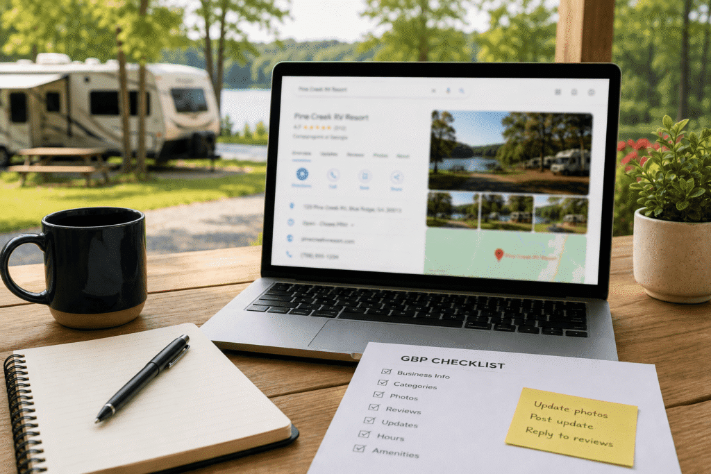 Google Business Profile for campgrounds displayed on a laptop with an optimization checklist at an RV campground.