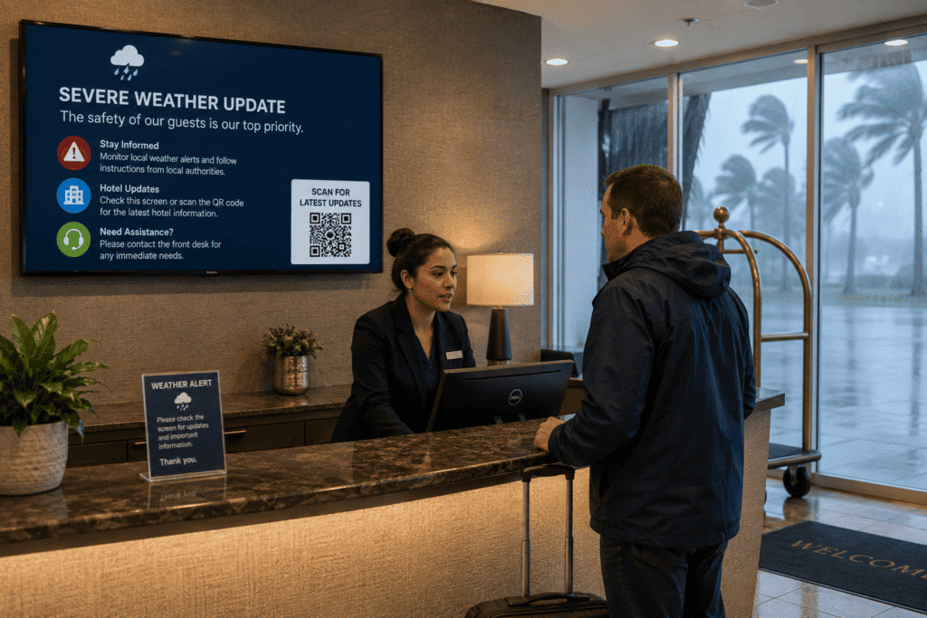 Hotel guest communication during severe weather with a front desk employee providing updates to a traveler