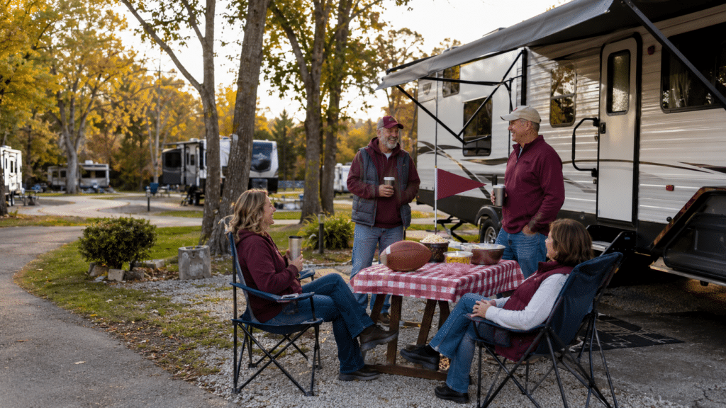 Game-day RV travelers gathering beside a camper at a campground during football season