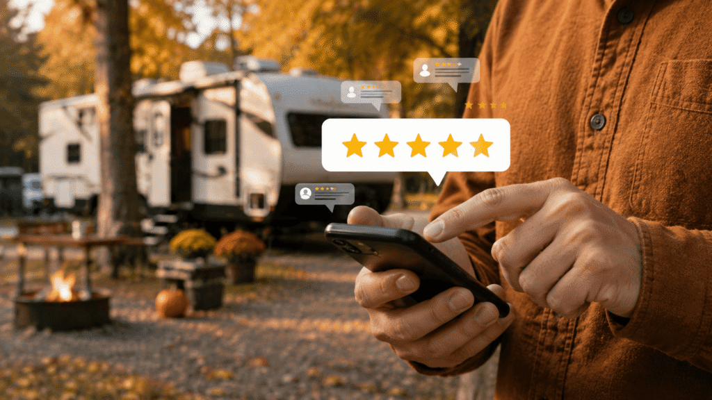 Campground owner using a smartphone with five-star review graphics at an RV campground during fall.