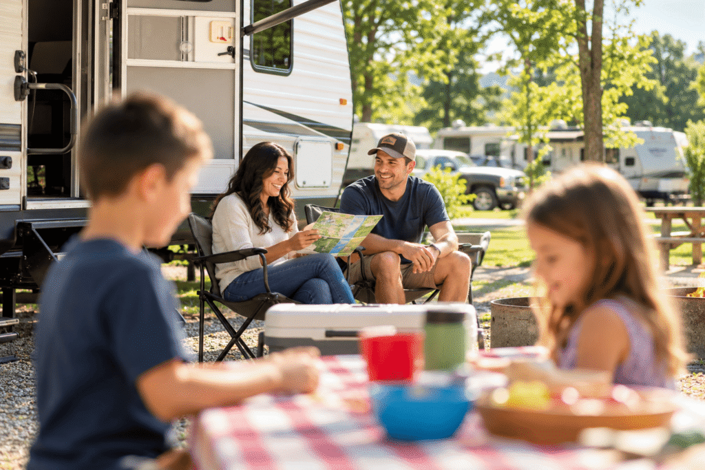 Parents looking at a park map while seated outside their RV, with two children at a picnic table in the foreground