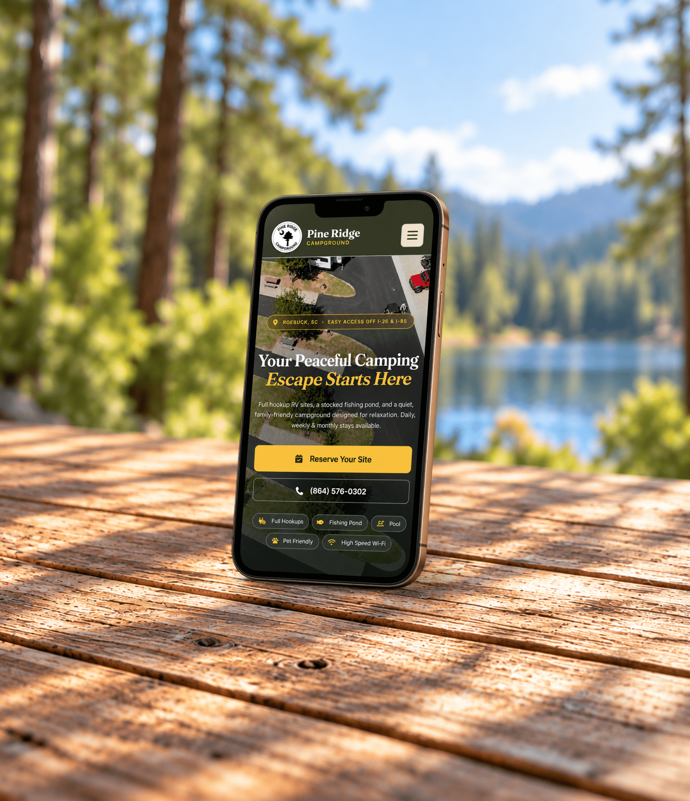 Pine Ridge Campground mobile website design shown on a phone