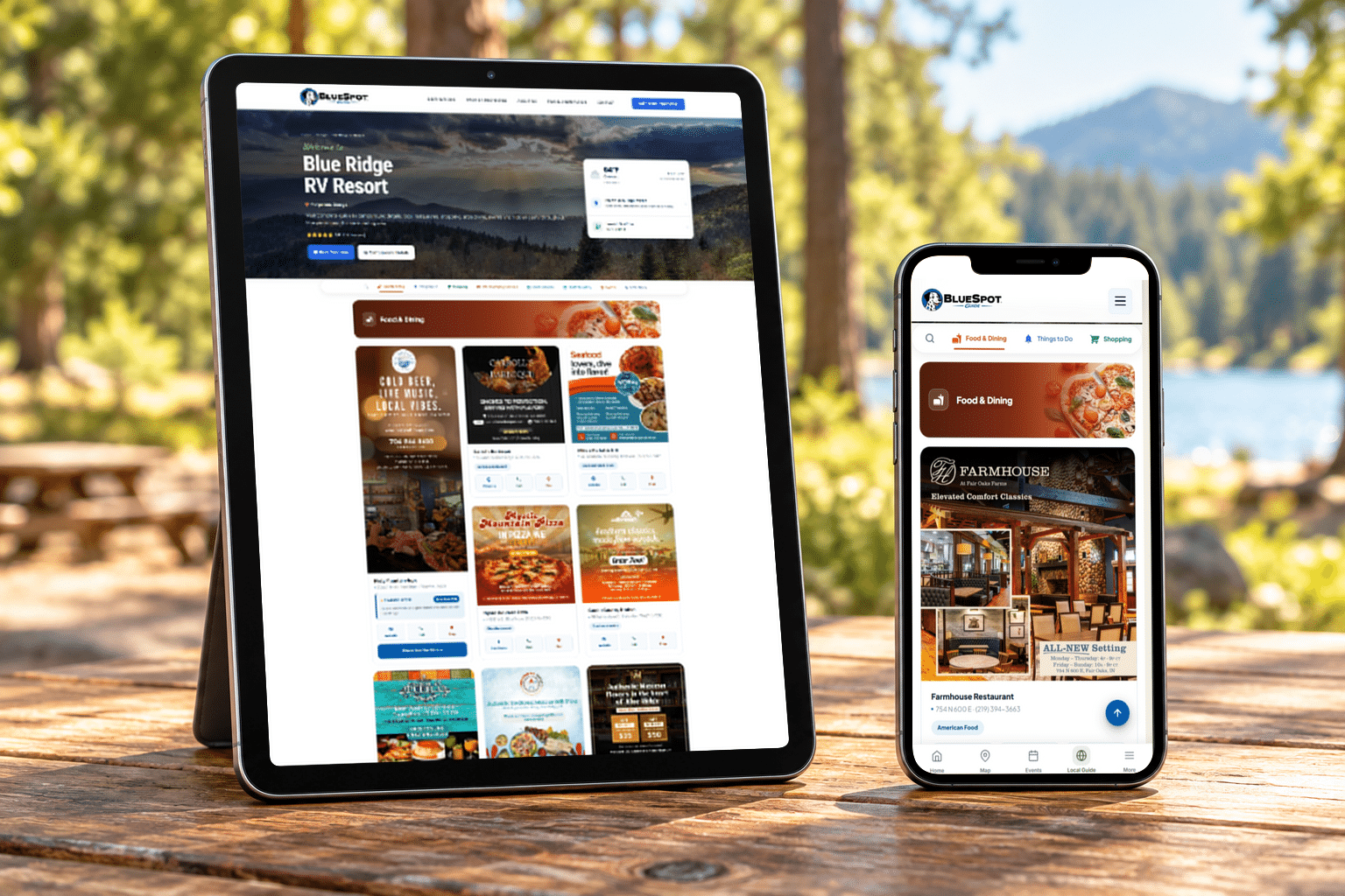 BlueSpot digital area guide with local food and dining listings on tablet and phone