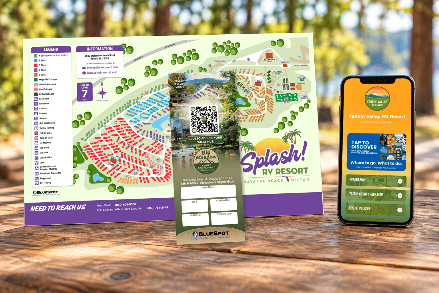 Resort map, hang tag with QR code, and mobile guest hub