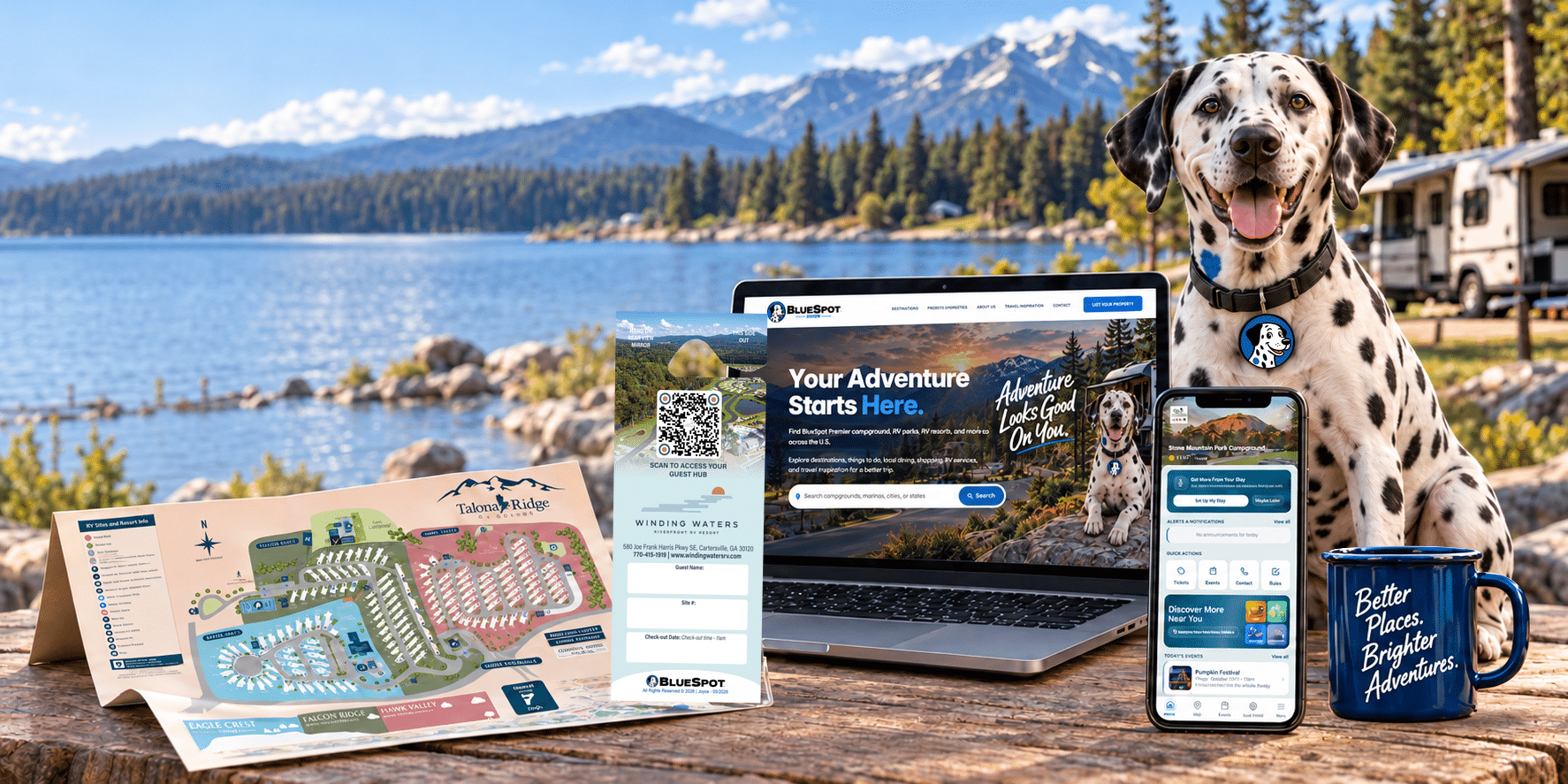 BlueSpot guest tools: park map, hang tag, website and mobile guest hub with the BlueSpot Dalmatian at a lakeside campsite