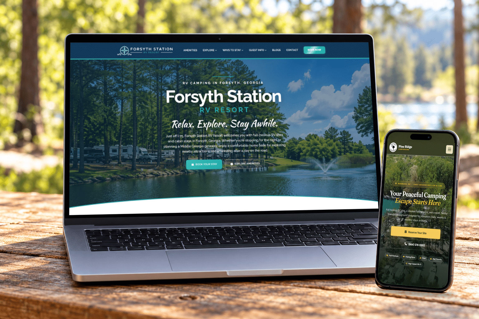 Responsive RV resort website shown on a laptop and a phone