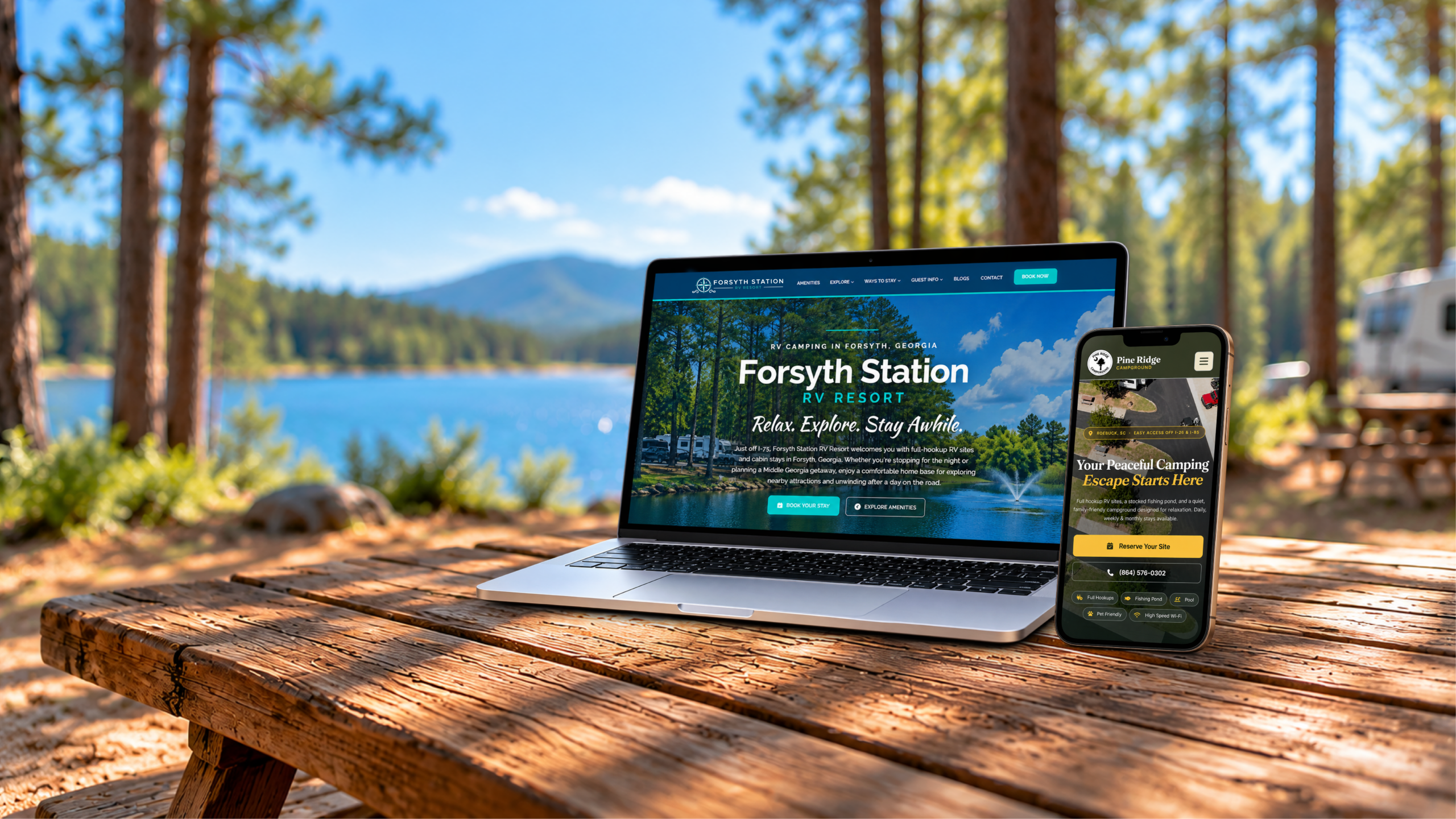 Custom campground website shown on a laptop and phone at a lakeside campsite