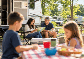 Parents looking at a park map while seated outside their RV, with two children at a picnic table in the foreground